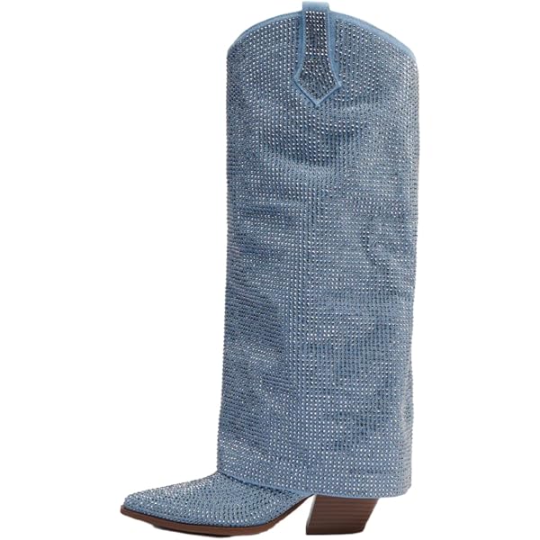 BOTRENT Women's Denim Knee High Boots - Fold Over Block Heel Cowgirl Boots, Wide Calf, Size 4.5-10