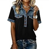 Denim Collar Tops for Women Short Sleeve Shirts V Neck Casual Patchwork Western Tees