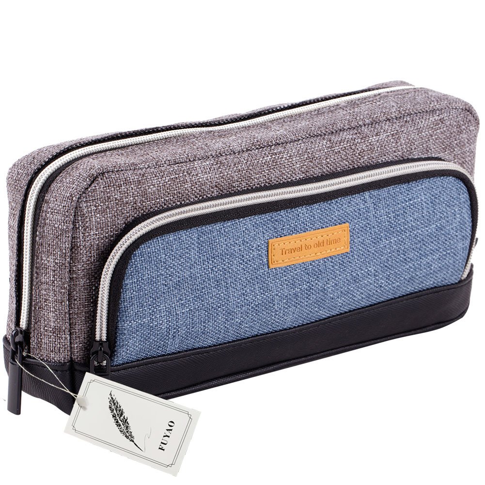 FUYAO Canvas Pencil Case Large Capacity Pencil Box Office School Stationery Pen Bag Pencil Holder Cosmetics Pouch Coin Purse for Teenage Boys, 3 Pockets (Grey)