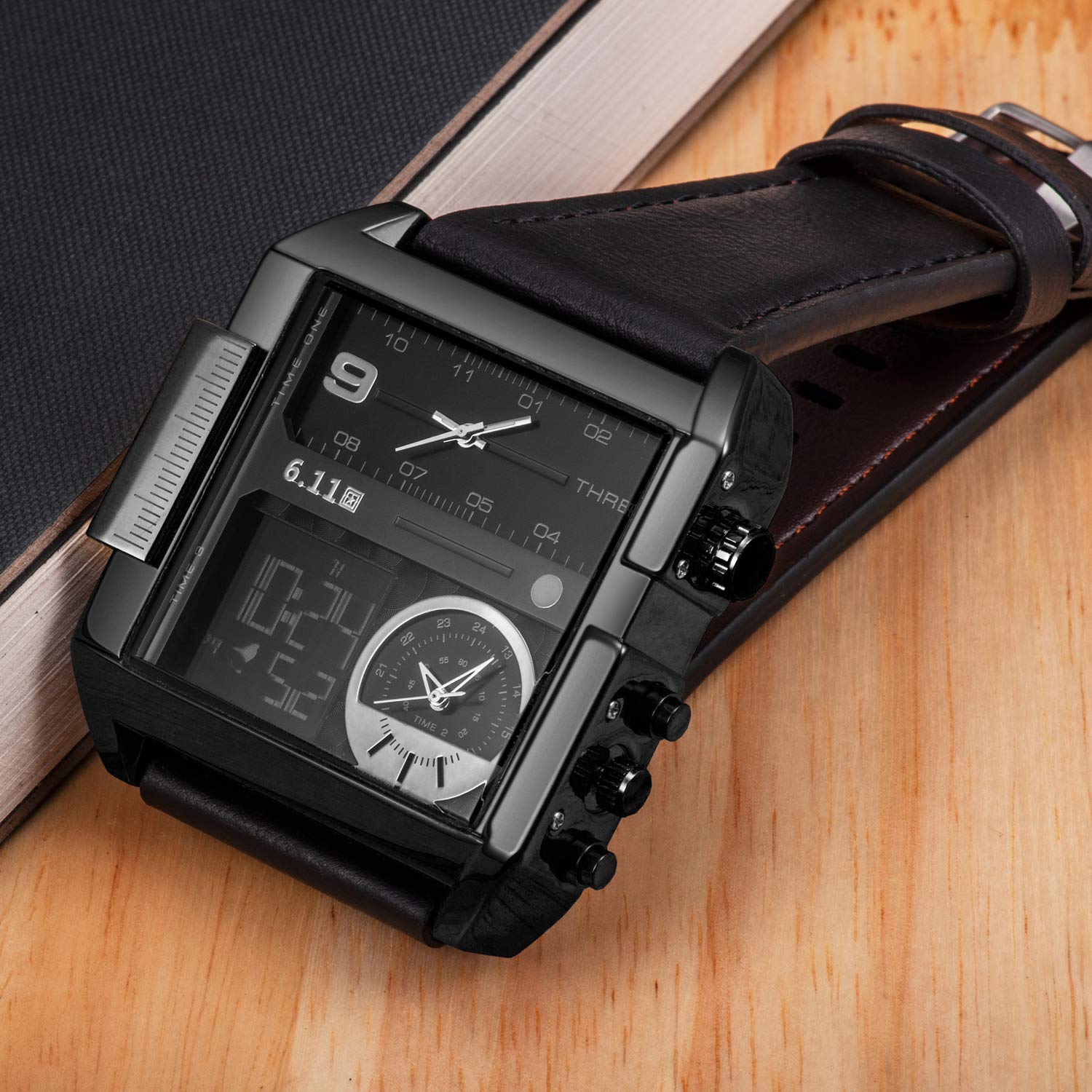 Sailine Multifunction Mens Soprt Watch Triple Movement 3 Time Zone with Genuine Leather Brand 30M Waterproof … (Black)