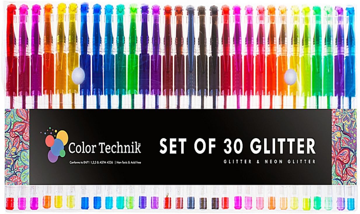 Glitter Gel Pens by Color Technik, Set of 30 Glitter Pens, Best