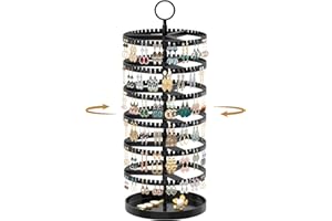 MODOWEY 6 Tier Rotating Earring Holder Organizer Display Tree with Metal Tray, Adjustable Plastic Stand with 342 Slots for Stud Hoop Hanger, Large Capacity Storage Rack for Women Space Saving, Black