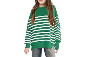 BATERMOON Girls Striped Oversized Sweaters Fashion Batwing Sleeve Side Slit Knit Pullover Clothes 5-14 Years