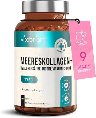 Kollagen Kapseln Hochdosiert 2450 mg | Hydrolysiertes Meeres Collagen Peptide | Hyaluron Kollagen-Präparate mit Vitamin C, E, B2 und Zink | Gelenke Haut Haare | 120 Collagen Kapseln | VitaBright