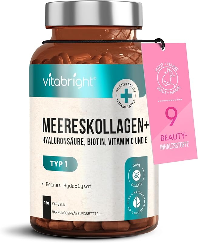 Kollagen Kapseln Hochdosiert 2450 mg | Hydrolysiertes Meeres Collagen Peptide | Hyaluron Kollagen-Präparate mit Vitamin C, E, B2 und Zink | Gelenke Haut Haare | 120 Collagen Kapseln | VitaBright