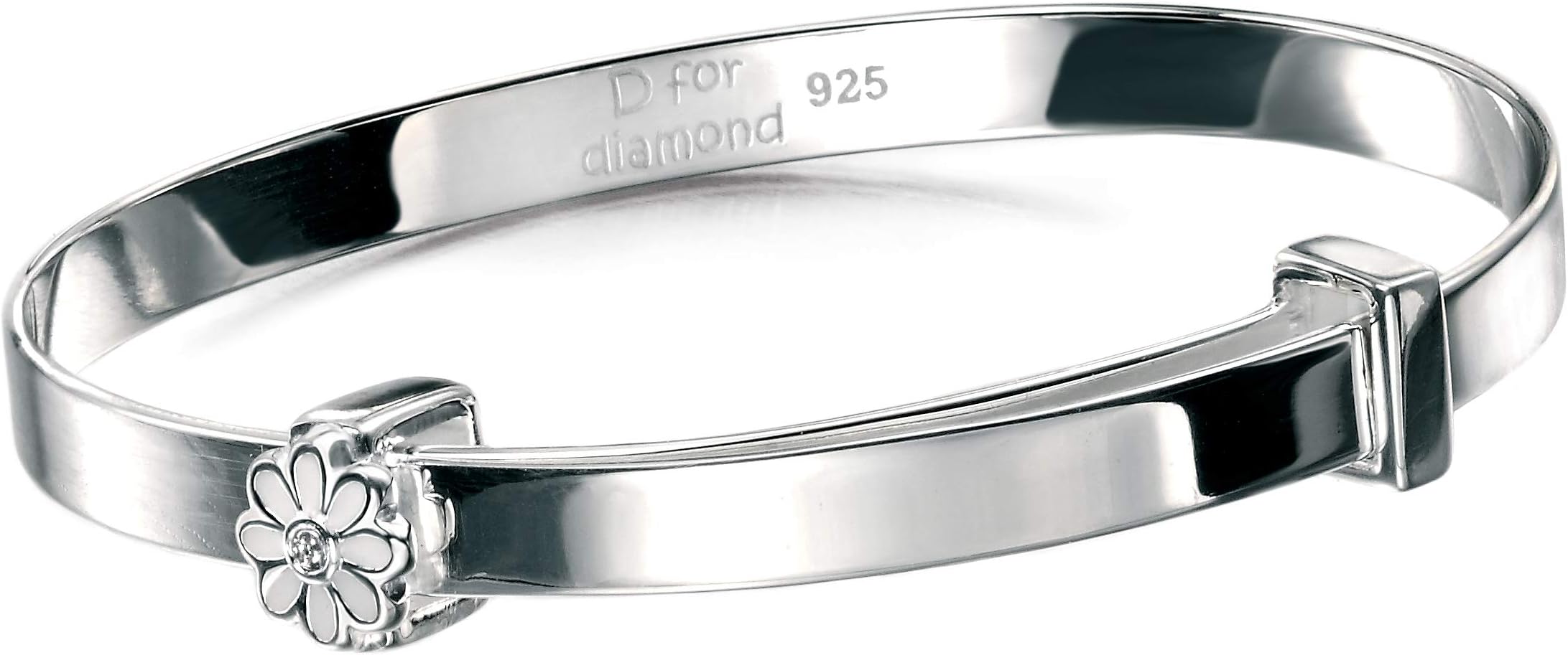 D for Diamond Children's Engravable 925 Sterling Silver, White Daisy Diamond, Christening Bangle, Naming Engraved for Baby Boy, Girl, Kids and Child Jewellery