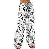 AKEWEI Women Casual Summer Palazzo Pants Drawstring Waist Wide Leg Lightweight Beach Trousers with Pockets