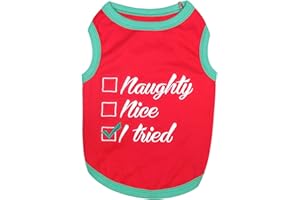 Parisian Pet Dog Tshirt - Embroidered “ Naughty Or Nice “ Dog Shirt - Lightweight Cotton Dog Christmas Outfit - Sleeveless Funny Christmas Dog Clothes - Dog Shirts for Large Dogs - 3XL