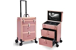 Adazzo Professional Rolling Makeup Train Case with Drawers, Large Cosmetic Trolley with Locks, Cosmetics Storage Organizer Make up Case for Travel Makeup/Nail Art/Hair Styling, Matte Gold
