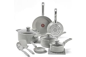 T-fal Refresh Ceramic Ceramic Non Stick Cookware Set 12 Piece, Oven Broiler Safe 350F, Cookware, Kitchen Cooking Set w/Fry Pans, Saucepans & Kitchen Utensils, Pots and Pans Set Nonstick, Moon Gray