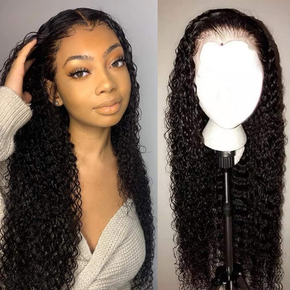 OYLOVE Brazilian Virgin Hair Kinky Curly Wave 13×4 inch Lace Frontal Wig 150% Density Frontal Remy Human Hair Wigs for Black Women (10inch, natural black)