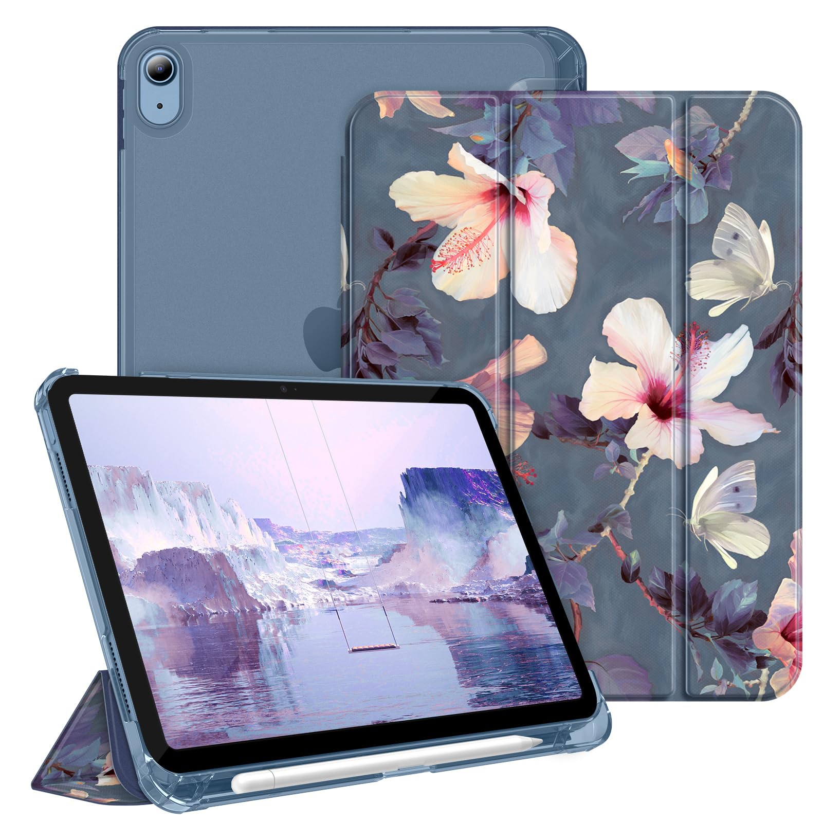 FINTIE Case for iPad (A16) 11th Generation 11 Inch (2025), iPad 10th Generation 10.9 Inch (2022) - Ultra Slim Cover with Matte Back Shell Built-in Pencil Holder, Auto Wake Sleep, Blooming Hibiscus