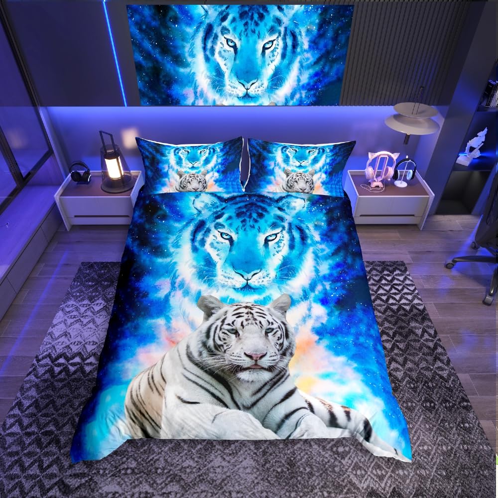 Tiger Print Duvet Cover Wild Animal Theme Comforter Cover Blue Galaxy Bedding Set For Kids Adults Wildlife Safari Cat Print Bedspread Cover Ultra Soft Room Decor Super King Size Bedclothes Zipper — image 1