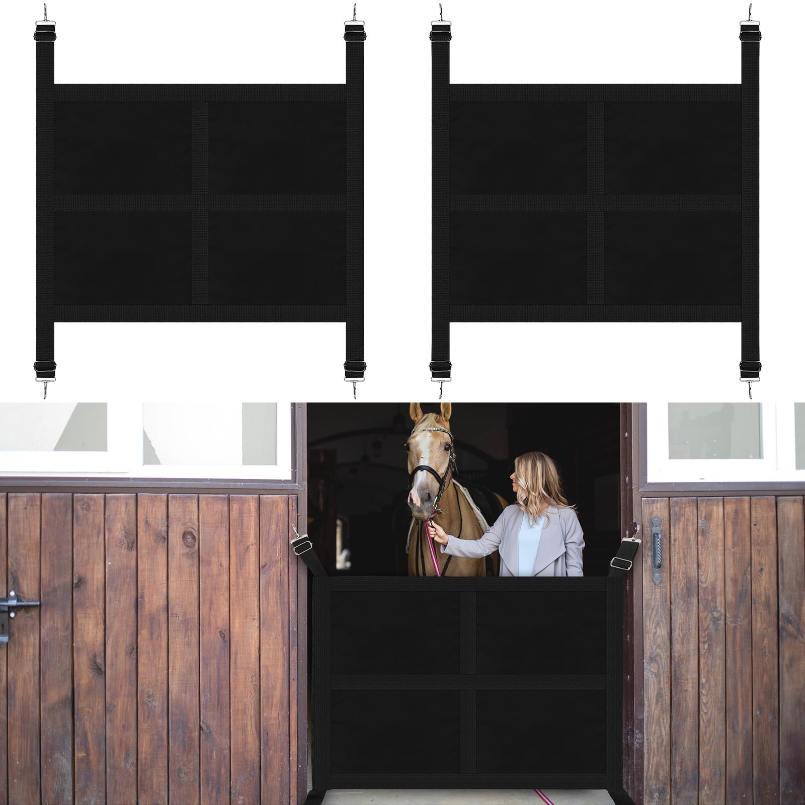 Photo 1 of Abbylike 2pcs Horse Stall Guard with Adjustable Straps 27 x 19 Inch Aisle Guard for Horses Easy Installation Door Guard for Horses to Keep Horse Securely in Stall in Style Black Oxford Cloth Reusable