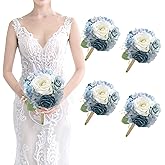 Artificial Bridesmaids Bouquets Set of 4 - 7 inch Silk Rose Bouquets for Bridesmaids, Pre-made Bridesmaid Flowers Small Bouquet for Wedding Vintage Country Bridal Shower Decorations -Dusty Blue