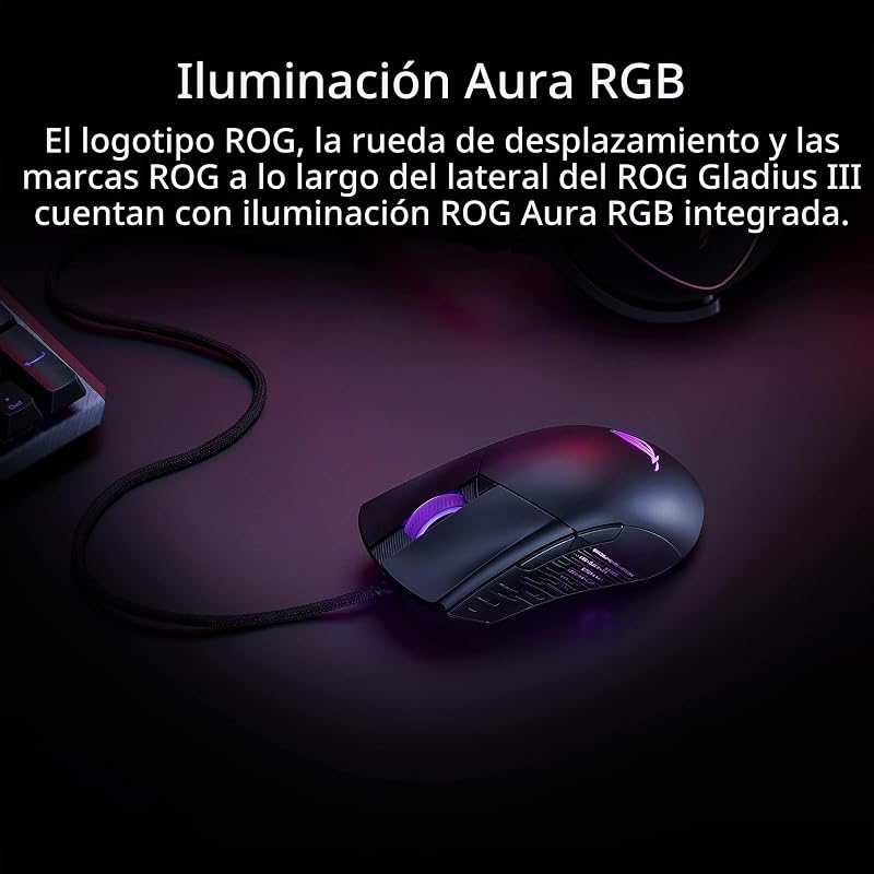ROG Gladius III - Rato Gamer Assimétrico (26.000 DPI, desvio de 1%, Botões de ação instantânea, Soquete Switch Push-Fit II, estética ROG gravada a laser, ROG Paracord, Aura Sync) - Preto