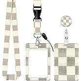 Badge Reels Retractable with Carabiner Reel Clip, ID Name Tag Work Badge Holder Belt Ferrule, Identity ID Badge Holder Cover Case for Office Work Nurse Teacher Student Gifts(Beige Checker Chess)