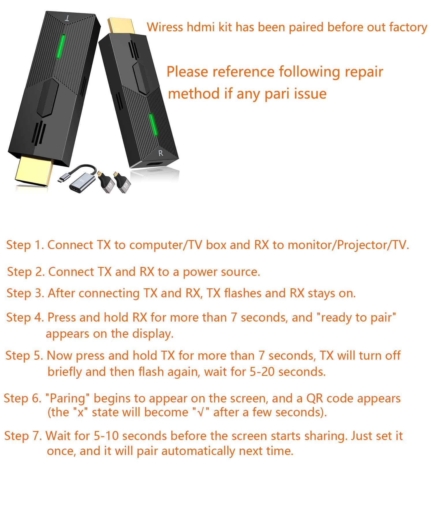 Wireless HDMI Transmitter and Receiver, Plug & Play 4K Decording, Portable 2.4G/5G Wireless HDMI Extender Kit for Streaming Video and Audio to Monitor from Laptop/PC/TV Box/Projector (30m)