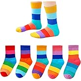 Marchare Girls Cotton Crew Socks Kids Casual Socks School Socks Rainbow Stripes 5 Pack