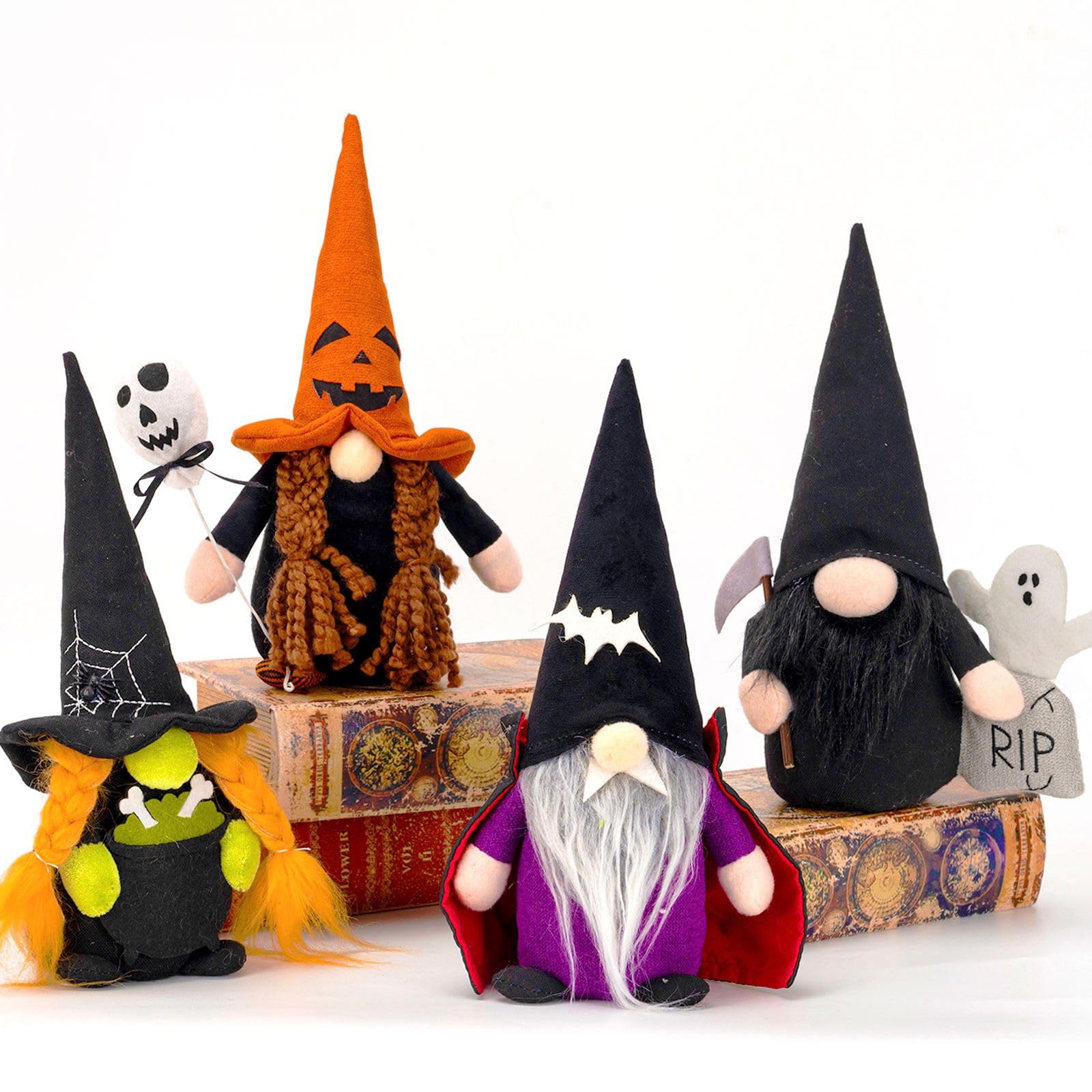 Photo 1 of DraMosary Halloween Gnomes Plush Elf Decoration, 4PCS Handmade Reaper Witch Vampire Pumpkin Ghost Dolls for Halloween Table Ornament, Tiered Tray Decor, Party Favor, Trick or Treat