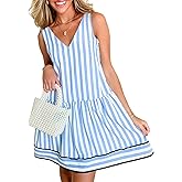 Acelitt Womens Summer Sleeveless Striped Dresses Casual Loose V Neck Flowy Ruffle Babydoll Dress Beach Vacation Sundress