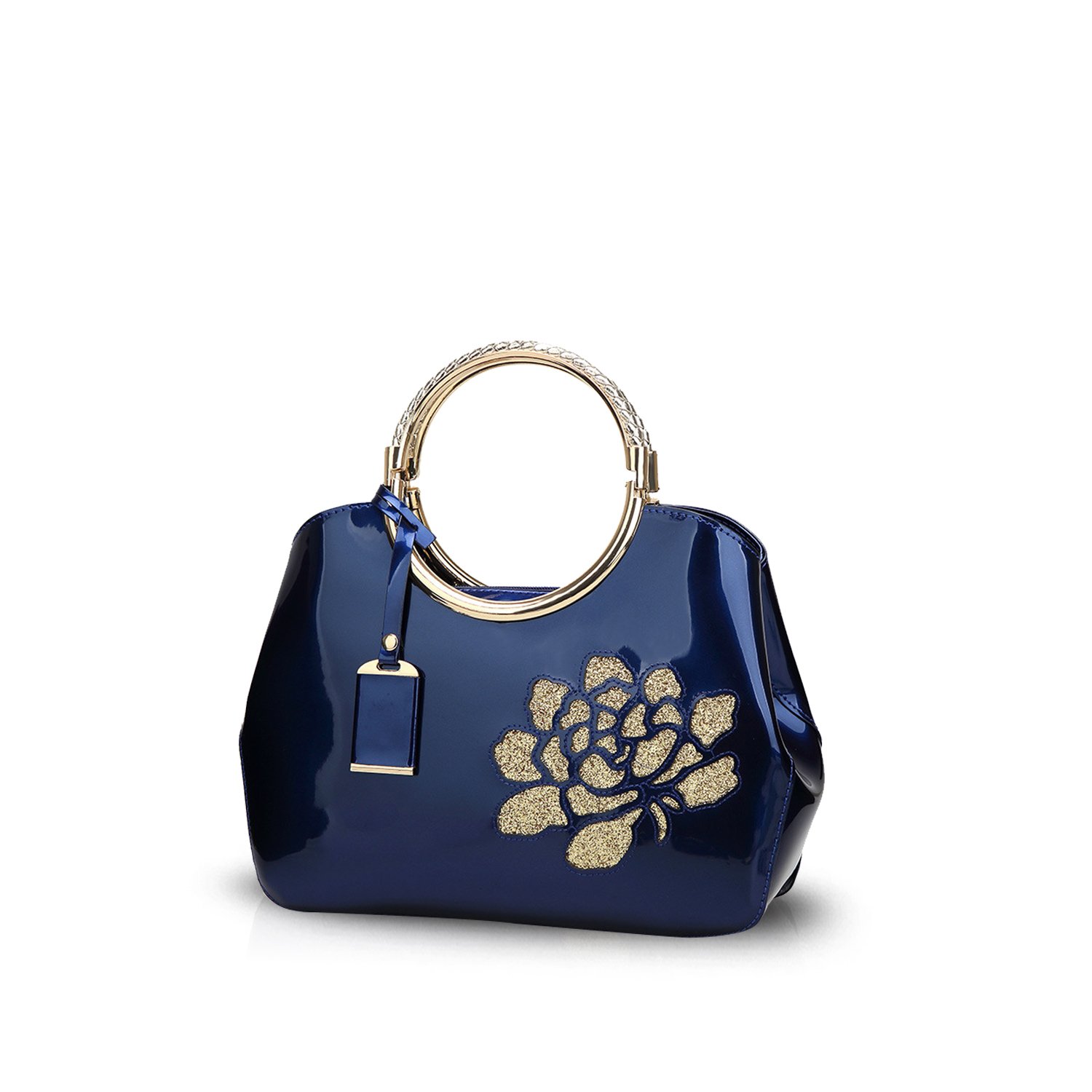 NICOLE&DORIS Women's Handbag Patent Leather Shoulder Bag Evening Bag Elegant Handbag Shoulder Waterproof Crossbody Wallet, Blue Flower, M, Elegant