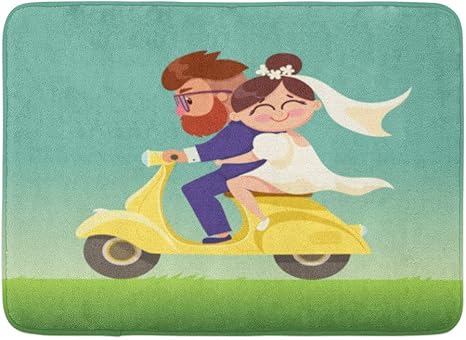 Amazon 玄関マットバスラグドアマット新婚夫婦は原付で行く幸せな夫婦モダンフラットキャラクターバレンタインデーアイテム男と女50x80cm 玄関マット オンライン通販