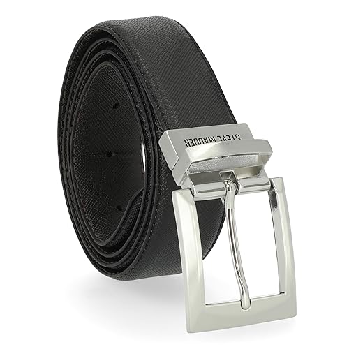 Steve Madden Reversible Men's Dress Casual Every Day Leather Belt, Black/Brown (Reversible - Saffiano), Large