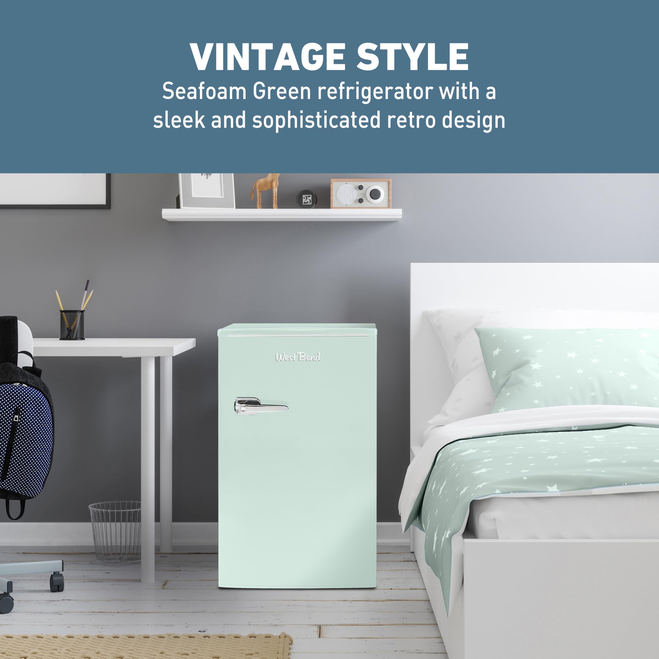 West Bend Mini Fridge for Bedroom, Office, Bar or College Dorm Room, Retro Compact Refrigerator features single door, glass shelves and adjustable temperature control, 3.0-Cu.Ft., Seafoam Green