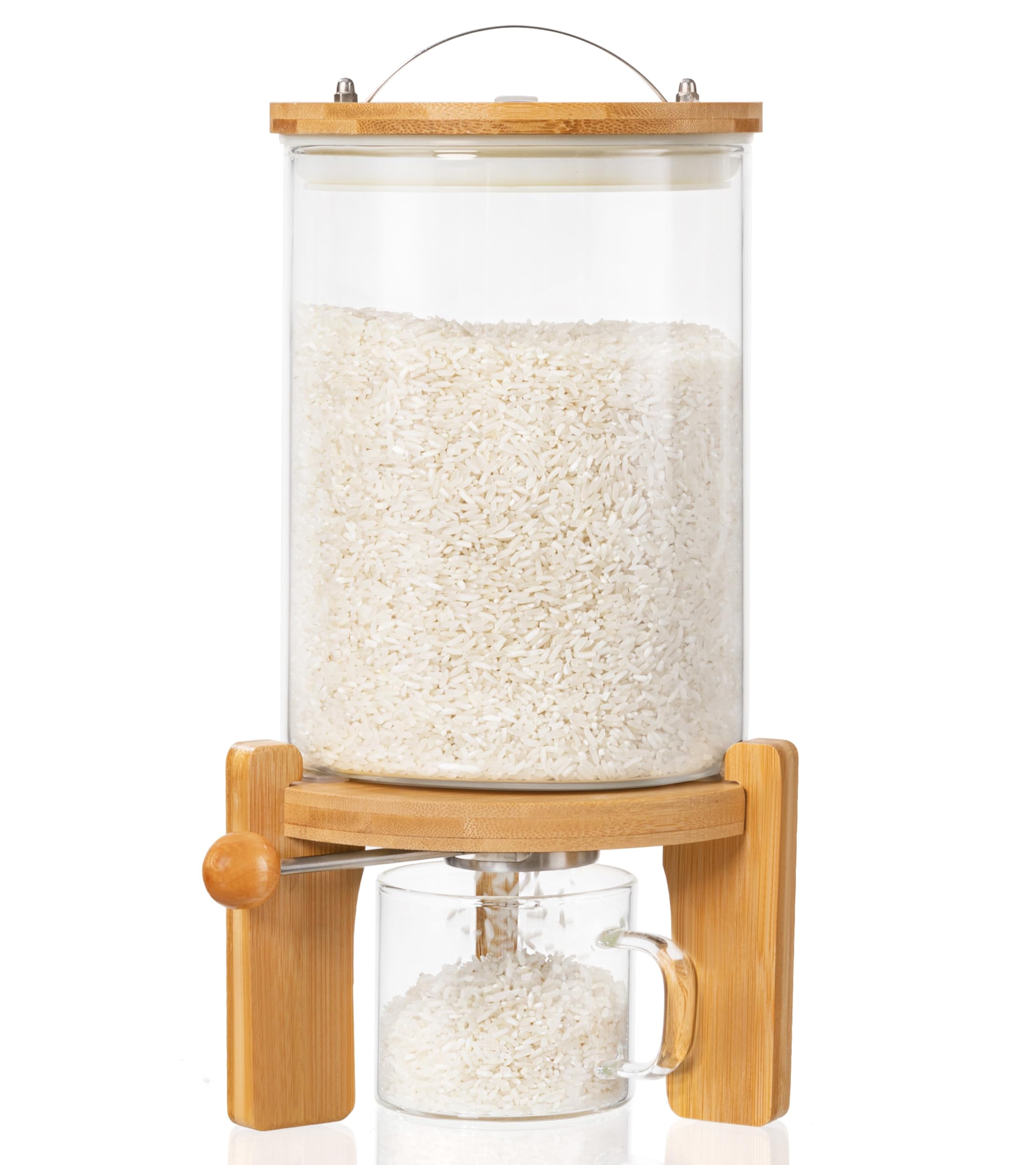 Photo 1 of HBlife 5-7 Lbs Glass Rice Dispenser with Wooden Stand Flour and Cereal Container with Glass Measuring Cup Pantry Food Organization Storage Bin with Airtight Bamboo Lid, 3L