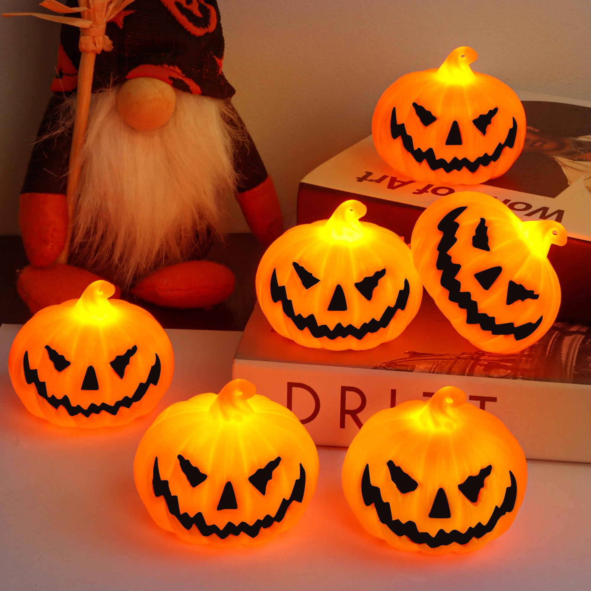 Photo 1 of 6 Pack Halloween Pumpkin Flameless Candles Battery Operated LED Tealight Candles for Home Room Decorations, Light Up Halloween Decorations Indoor for Table Party Office Fireplace halloween Gifts