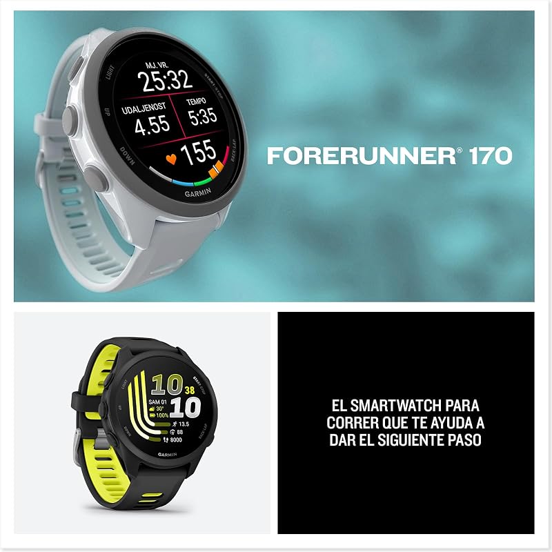 Forerunner 170 Reloj Inteligente para Correr con GPS, Pantalla Táctil AMOLED, Métricas Optimizadas, Planes y Estado del Entrenamiento, Estado de Salud, Pay, Autonomía de 10 Días, Blanco