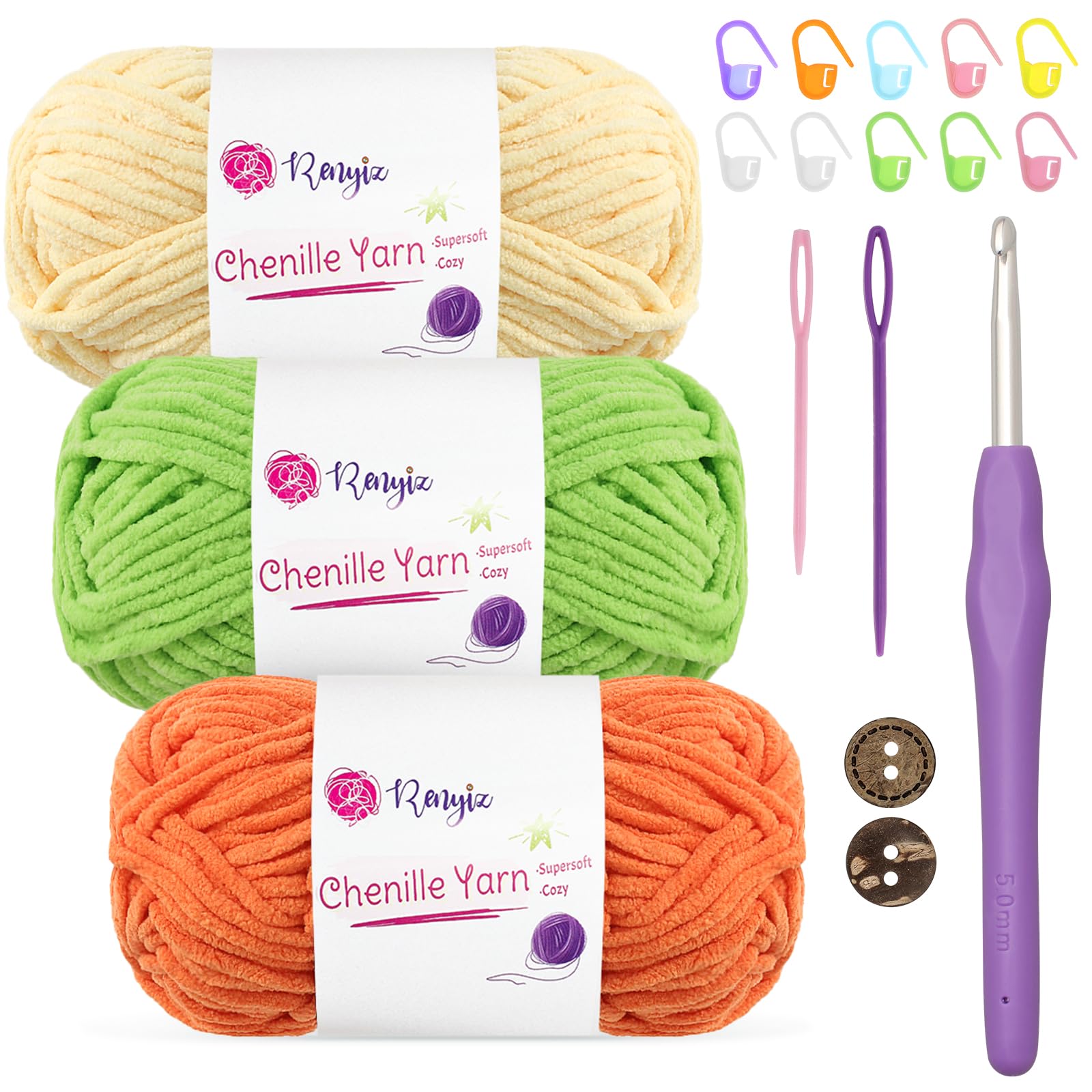 Renyiz Chenille Chunky Yarn for Crochet 3x50g (60m/Skein) Soft Fluffy Wool Ideal for Blankets, Amigurumi, Beginner Crocheters, with 5mm Crochet Hook (Orange-3) — image 1
