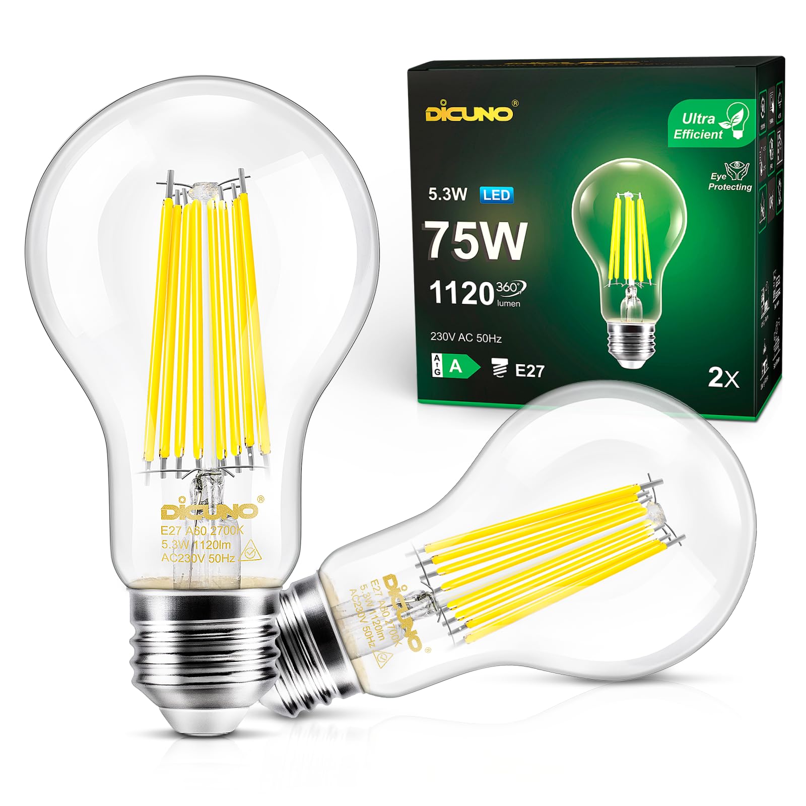 DiCUNO Edison Light E27 Edison Screw Bulb 5.3W (75W Equivalent), Clear Filament Bulb A60, Energy Efficient A Class LED, 2700K, 1120LM, Non-dimmable, 2 Pcs