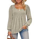 ROSRISS Womens-Plus-Size-Tops Trendy Puff Long Sleeve Shirts Dressy Scoop Neck Loose Fit Blouses Casual Pleated Flowy Tunics
