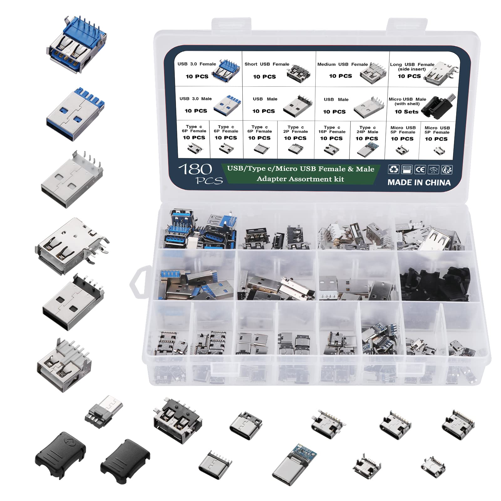 WiMas 180PCS USB 2.0 3.0 Type A Type C Micro USB Male Female Plug Adapter Connector, Soldering USB Sockets Jack Assortment Kit PCB Mounting DIY Solder Replacement Repair Parts