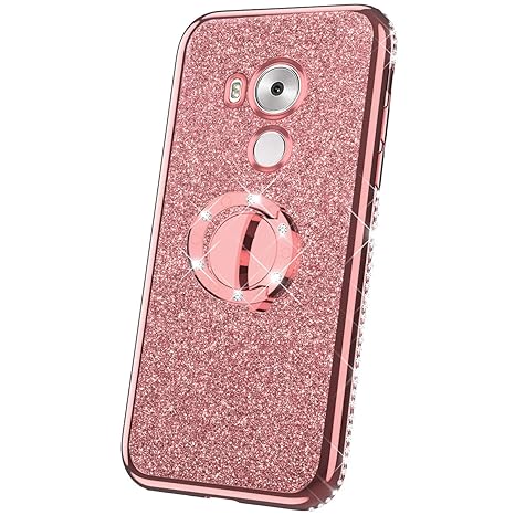 JAWSEU Kompatibel mit Huawei Mate 8 Hülle Silikon Glitzer Glänzend Strass Diamant Überzug TPU Silikon Schutzhülle Ring Ständer Durchsichtig Handyhülle Tasche Case für Huawei Mate 8 Rose Gold