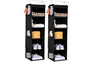 BrilliantJo 2 Pack Hanging Closet Organizer, 5 Shelves Hanging Storage with 6 Side Pockets for Clothes Shoes, 108x30x30cm(Bla