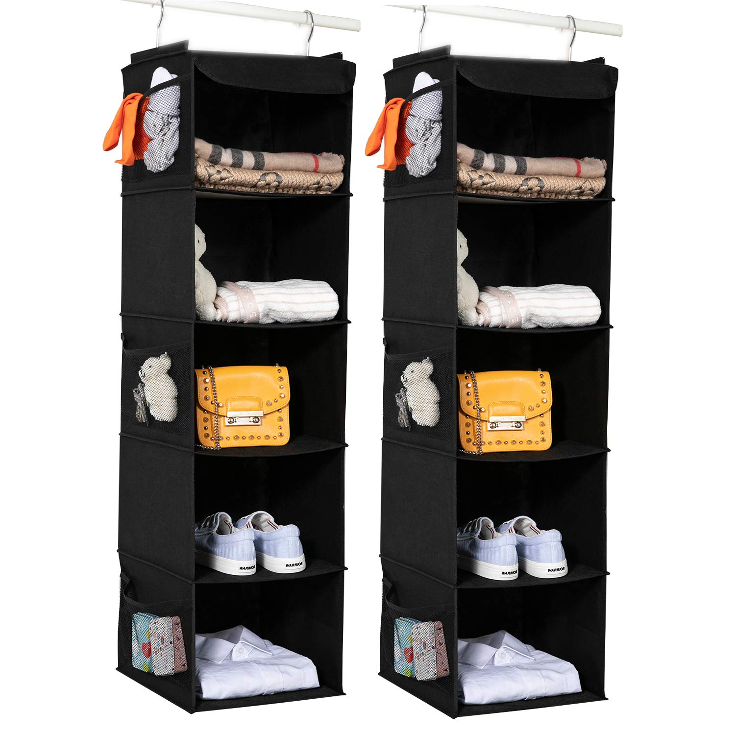 BrilliantJo Hanging Storage with 5 Shelves Set of 2 Wardrobe Closet Organiser, Storage Shelves Unit with 6 Pockets for Clothes - Black 108H x 30W x 30L
