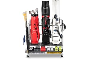 FHXZH Golf Bag Storage Garage Organizer- Golf Bag Stand Fit for Golf Bags, Golf Clubs, Golf Balls, Golf Equipment Accessories, Golf Bag Storage Rack with Wheels for Garage