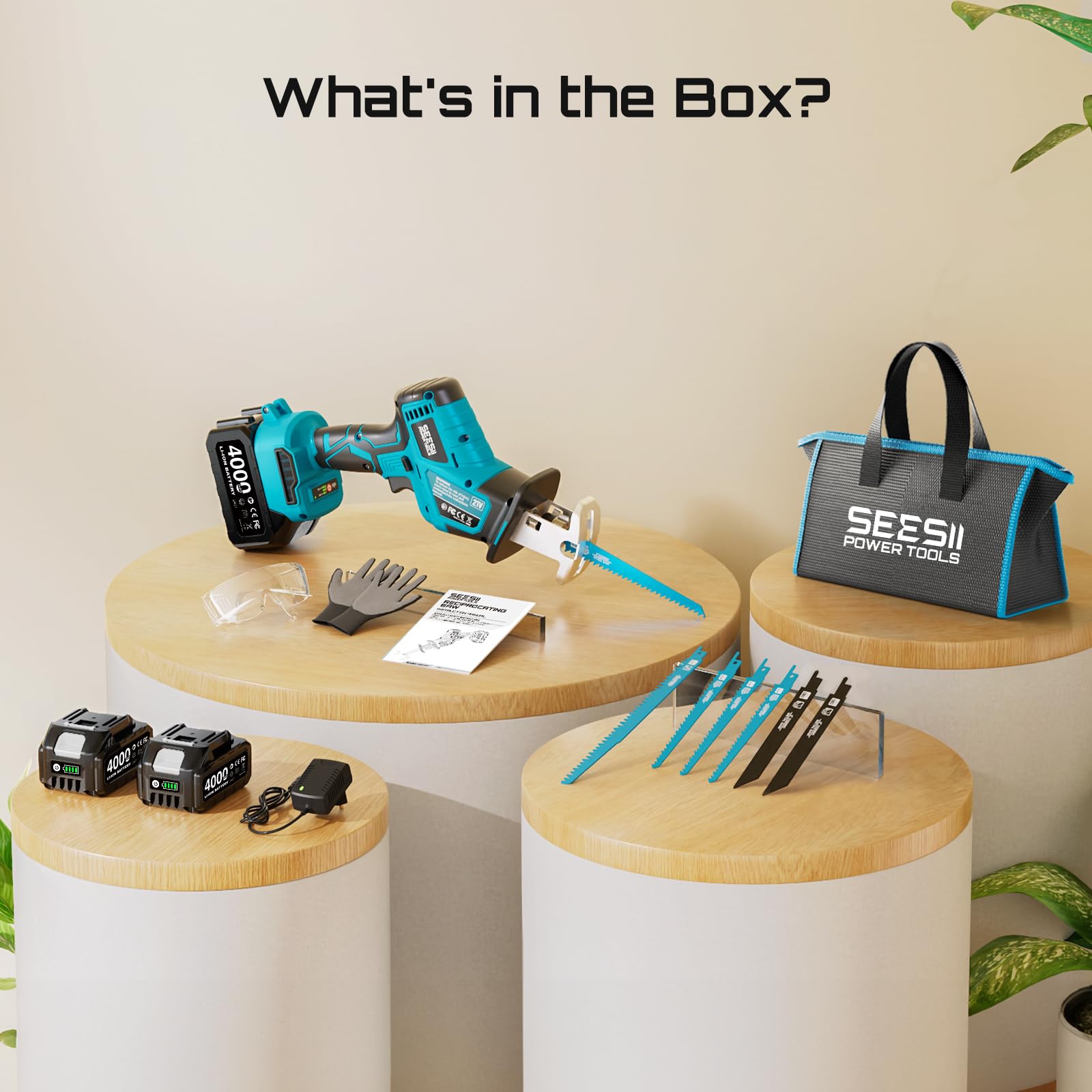 SEESII Säbelsäge Akku, 3500 RPM Bürstenloser Motor Akku Universalsäge mit 2 x 4.0Ah Batterien, LED Licht, 6 Sägeblätter tragbar für Holz PVC Schneiden 8
