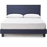 Hearth & Harbor King Bed Frame and Headboard – Linen Horizontal Channel Upholstered King Size Bed Frame, Platform Bed Frame King, Modern Bedframe with Wooden Slats, No Box Spring Needed, Navy