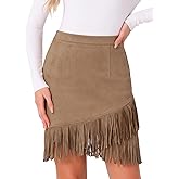 Allegra K Faux Suede Skirt for Women's Vintage High Waist Fringe Trim Stretch Bodycon Mini Skirts