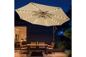 wikiwiki 10ft Solar LED Offset Hanging Market Patio Umbrella for Backyard, Poolside, Lawn and Garden,Easy Tilt Adjustment, Polyester Shade & Cross Base, Beige