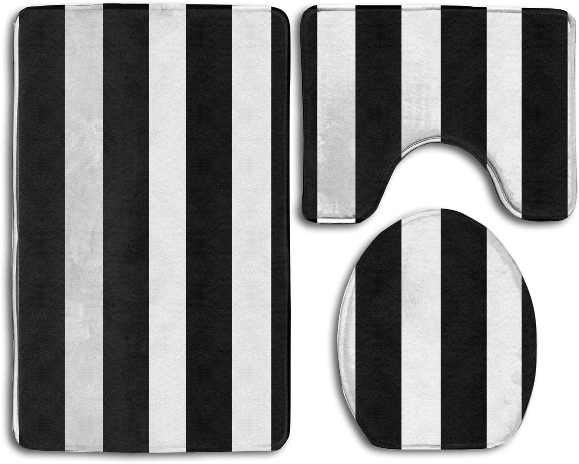TERPASTRY Black White Striped Bathroom Rug Mats Set 3 Piece Toilet Carpet Rugs Includes Contour Mat and Lid Cover Non Slip Absorption Mat Machine Wash/Dry Perfect Mats for Tub Shower