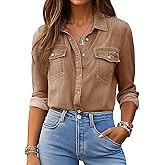 Denim Shirt Women Button Down Long Sleeve Chambray Western Jean Shirts Collared Casual Denim Tops