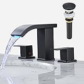 Bathroom faucets 3 Hole Widespread Modern Bathroom Sink Faucet 8 inch Matte Black Bathroom 3 Hole LED Light Waterfall Vanity Faucet Sink with Pop Up Drain (Matte Black)