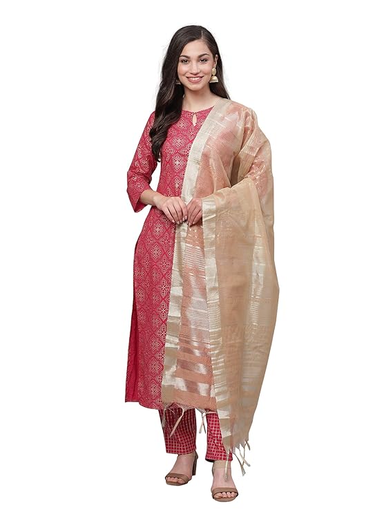 Women's Foil Printed Pure Cotton Straight Kurta Trouser With Dupatta Set(IE13KS0PK1609_Pink)