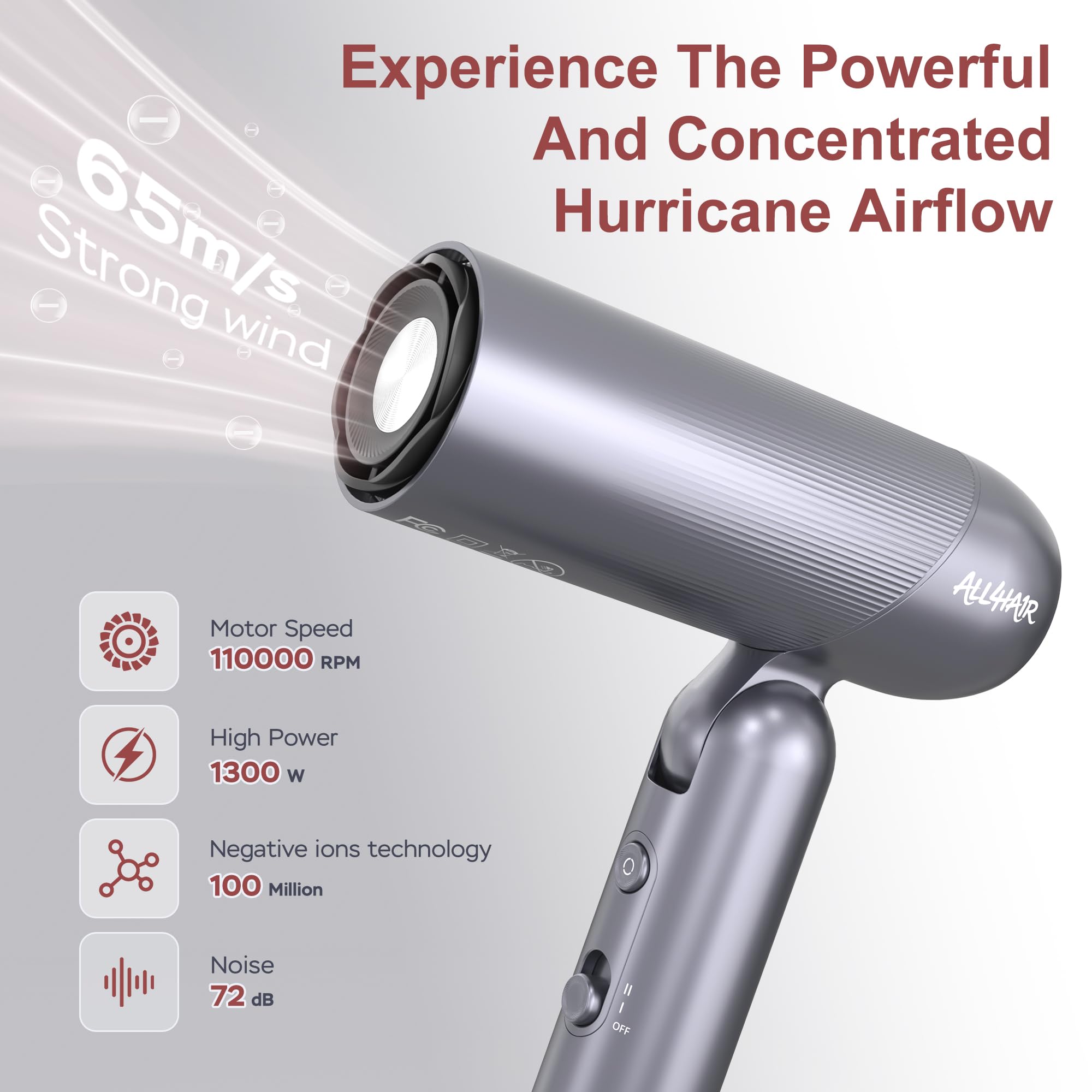 ALL4HA1R Professional Ionic Hair Dryer, 1300W High-Speed Blow Dryer Fast Drying Low Noise with 4 Heat Settings Lightweight Travel Hair Dryer with Concentrator Nozzle for Home Salon Women Men