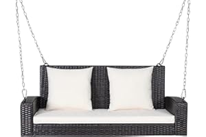 RELAX4LIFE Porch Swing 2-Seat Patio Rattan, Wicker Porch Swings Outdoor W/Two 7.9 Ft Solid Steel Chain, Comfortable Back & Seat Cushions, for Front Porch, Garden, Backyard Patio Swing (Beige)